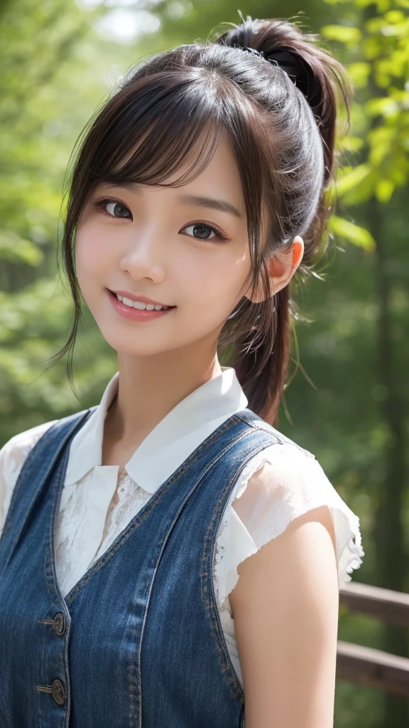Upper body, Forest, beautiful Asian girl photos, cool feelingadvanced photos, western beauty, black High ponytail with a pinch of bluered suspender sleeveless vest, smile face,Jean jacket, white lace line around the neck, artistSargent's color, realistic facial features, beautiful lights, extremely beautiful facialdetails and delicate eyes, clear and three-dimensional facial features, 32K --ar 9:16 --niji 5