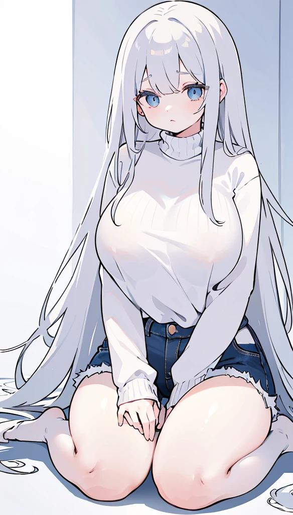 (masterpiece:1.2), (best quality:1.2), young woman with beautiful long tousled white hair with a pink hairline, pretty light blue eyes, attractive face, navy blue long-sleeved sweatshirt, pants long jeans, black sports shoes, attractive body hidden under clothes, but due to her big breasts and her striking butt you can see her attractive essence a little. She is sitting on the bed, looking timidly at the viewer.
