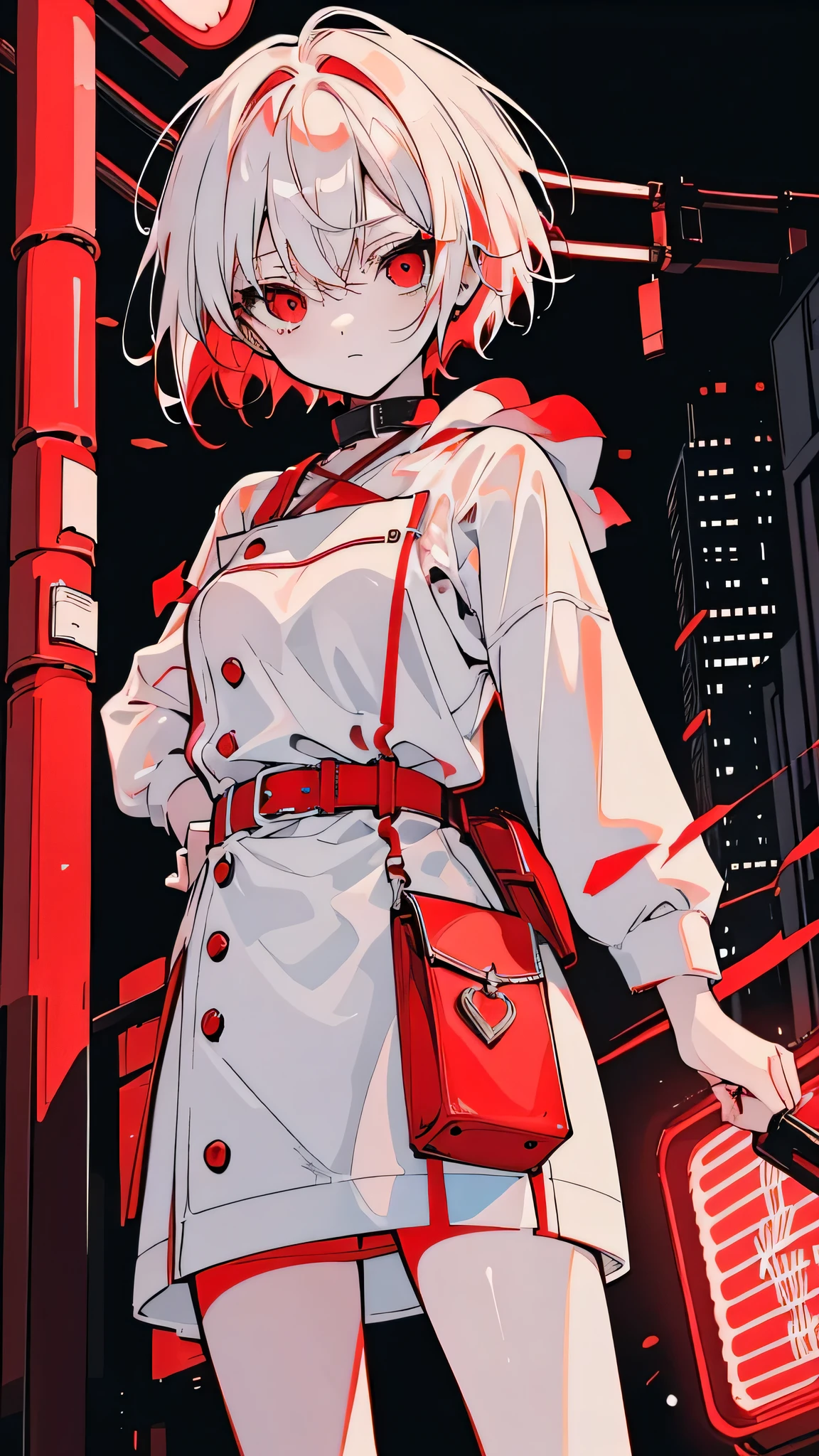 a picture of a women 25 years old short white hair with strip red har standing in front of a red light, Candid Photography, white with strip red-haired deity, dynamic poses, white with strip redhaired girl, Crushing Despair, Flowing white with strip red, short Hair Anime Girl, perfect white with strip redhaired girl, , red eyes