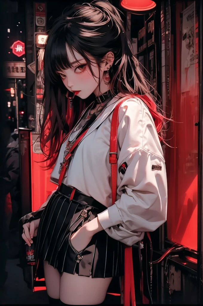(masterpiece, Highest quality: 1.2), night, Highly detailed face, The real picture, Realistic Skin, Realistic body, Intricate details), Red eyes, (Intimidating look), A slight blush, Black leather jacket, Half-open button-up shirt (white), whiteいブラジャー, skirt, 黒 belt with buckle, Beautiful long hair (Stick to braids), Mid-chest, Slender beauty,