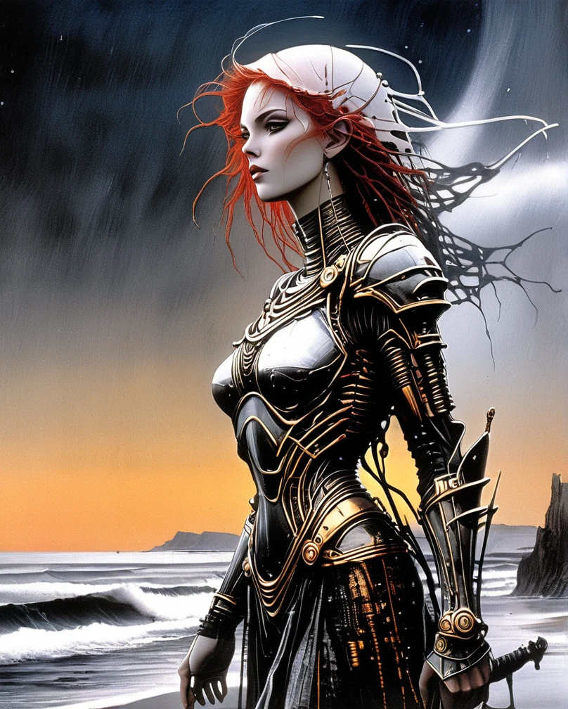 Art style by H. R. Giger, Art style by Luis Royo, Art style by Chris Foss, (Masterpiece, Top Quality, Super Detail, High Resolution, Best Illustration), full body, redhead, freckles, female, backlit, scarlet highlights, etched golden metal armor, white embroidered robes, night time, in front of the ocean, dramatic lighting