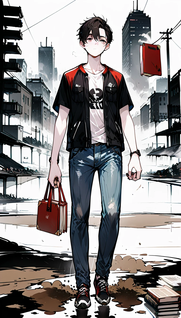 score_9, score_8_up, score_7_up, man, fullbody,
short messy black hair, brown eyes, ((tired face1.5)), ((walking, face to camera, centered pose, holding hand, fog, mist, mistery, book_cover)), (dirt t-shirt, jeans, sport jacket), (pale skin), (drug addict),
monochromatic, heavy atmosphere, stark white background