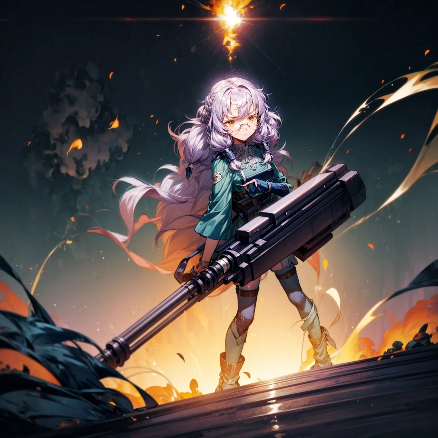 1girl, 1character, gold eyes, long Curly haircut, lavender color hair, army style clothing, white glasses, Long socks, boots army, full iron armor, bandage on hand, Grassroots, background in fire city street, motion blur, (one piece style art), Big robot gun in hand, smoke effect, aura effect, Fire, lighting fire, plasma effect, fire city, (high angle view, full body view version, angry eyes)