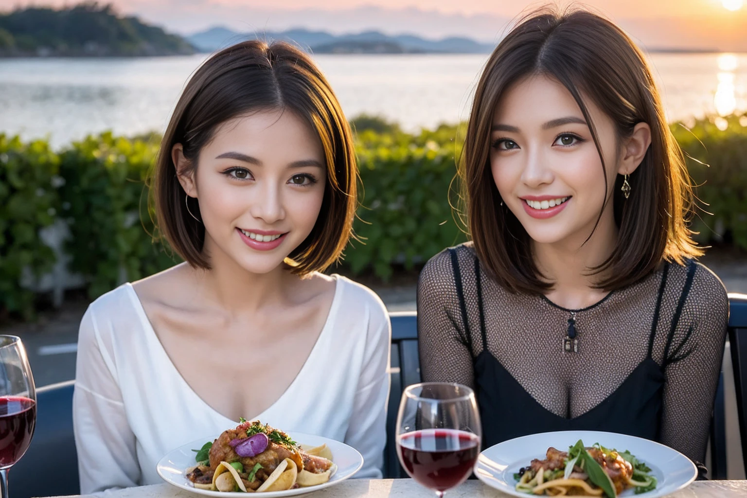 (Realistic:1.1),(masterpiece,Highest quality),8k,(40 years old), 42 years old, slimカップル、Model Couple、Actress/Actor、Tight waist,Upper Body,full-course dinner、wine 、Amazing view of the sunset sky and clouds、Perfect Anatomy, Brown Hair, Short Hair,Random Hairstyles,((Highly detailed face and eyes:1.2))(cute顔:1.4),Beautiful actress face,Perfect golden ratio face,Long sleeve shirt、dress,(smile:1.2)、Shortcuts、cute、(Realistic, Intricate details:1.2), A bright smile、short hair,Bright Face、赤wine 、Appetizers、Italian food、wine bottle、Champagne、スパークリングwine、(slimな顔), (The body is slim), (Brown Hair), (Shortcuts), Upper Body, 白wine, slim, wineグラス,