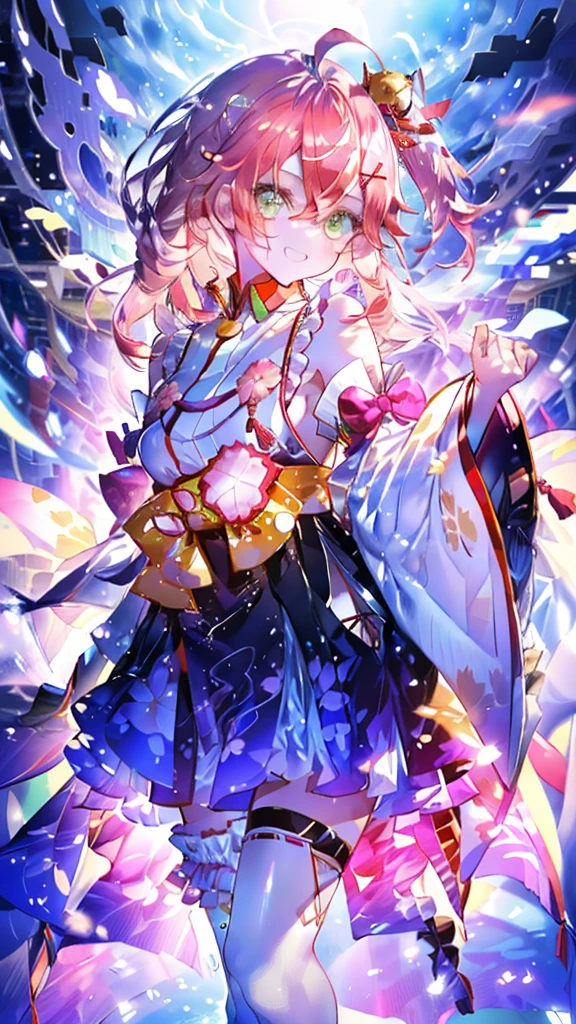 (Ultra-high resolution,masterpiece, Attention to detail, Highest quality), 8k,(miko1, sakura miko, 1girl, green eyes, 独奏, ahoge, x hair ornament, pink hair, single thighhigh, sideboob, hairclip, hair bell, floral print, long hair, hair between eyes, one side up, white thighhighs, asymmetrical legwear, wide sleeves),(Blessed,Captivating body、Ultra-detailed skin、Super beautiful eyes、Detailed Background),One girl、 (cheerful ,enjoy :1.5),