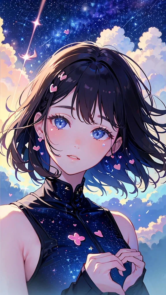 ((masterpiece))、((Highest quality))、((Realistic feel))、((Heart Starry Sky:1.6))、Pitch Black、Moonlight shines、Immersion、Cool blue shade、１People Girls、Optical Tracking、The sky is high、Dim and dim、High Contrast、Super beautiful graphics