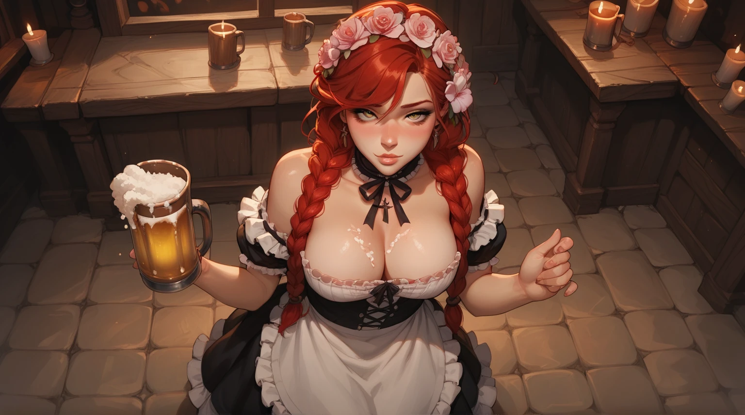 score_9, score_8_up, score_7_up, 1girl, (solo:1.1), from above, tavern wench, standing, bare shoulders, red hair, braids, large breasts, flower hair, barmaid dress, cute, beautiful eyes, blush, fishnets, sexy pose, looking at viewer, indoor, beer mugs, beer foam, expressiveh 3mpr3ss3