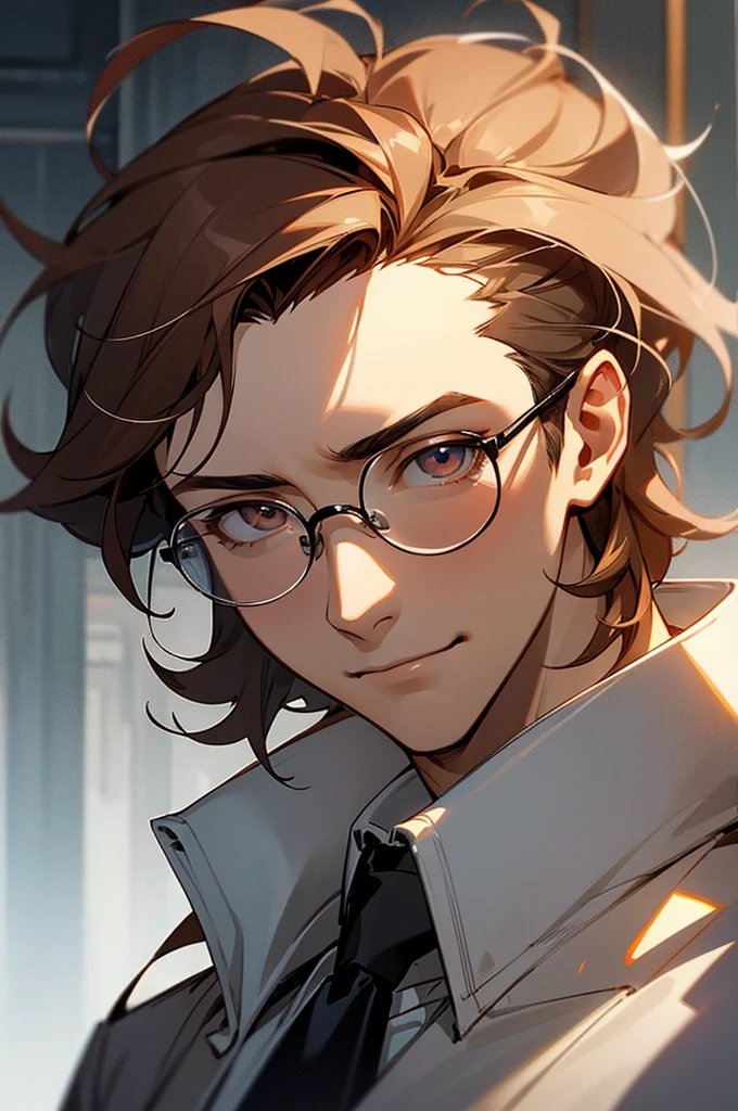(tmasterpiece, high resolution, ultra - detailed:1.0), (1 male, masculine face), Perfect male body, tall and strong, Adult male, Delicate eyes and delicate face, Extremely detailed CG, Unity 8k wallpaper, Complicated details, Detailed face, (brown hair, messy hair, serious faces, white shirts,Bad students), (smile:1.3), stad in school corridor, street style, color difference, Depth of field, dramatic shadow, Ray tracing, Best quality, Cinematic lighting, offcial art,Portrait, glasses, muscular,