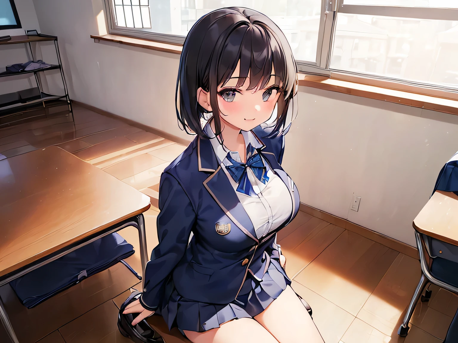 (Masterpiece, top quality, high resolution, realistic photo, realistic looking skin:1.1),
(The woman shows her panties to us in a high school club room, standing, sitting, and crouching:1.8),
(She has a provocative smiling expression:1.5),
(She is wearing a plain white collared shirt under a navy blue long-sleeved blazer of her high school uniform: 1.8),
(She is wearing a short gray pleated skirt with the high school uniform: 1.8),
(She is wearing navy blue socks: 1.8),
(She is wearing black loafers: 1.8),
(wearing white panties with a pattern: 1.5),
(She has black medium hair: 1.5),
(She has D-cup breasts: 1.5),
(She is 18 years old and has a young face:1.5),
(She is the most beautiful girl in the school: 1.5),
(The place is a high school culture club room:1.5),
1 Japanese girl, solo, full bodied esbian, beautiful eyes, shining eyes, shining thighs, NSFW