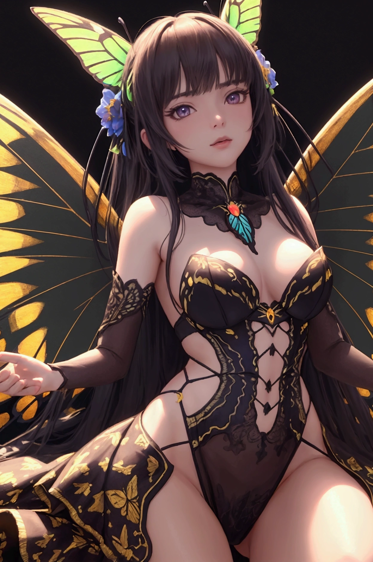 (realistically, 8k, masterpiece, best quality, fine shadows, cinematic, cinematic lighting, ultra high resolution, high quality, extrmely detailed, details, highres, anime style), (sharp edges), graceful gril with butterfly wings, fairyland, flowers, butterflys