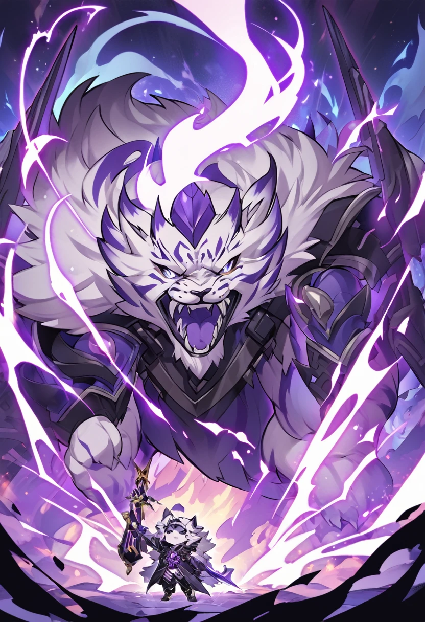 Kato - 400 y.o. familiar. Kato is a familiar - magical animal, that can use magic for his own protection and safety. He represents himself in a vision of a small white cat with fluffy fur and a slight purple colour around it, usually wearing round black sunglasses and smirking to anyone who could see him. His powers shows in ability to cast a special kind of cursed flames, coloured in purple. Yet, he also can use a special kind of power curse, called binding vow. In that case, Kato becomes quite bigger and stronger, taking a form of a saber-toothed tiger, with his mouth exhaling two lines of purple fire on the sides. The image should contain both of his forms, chibi form in the front.