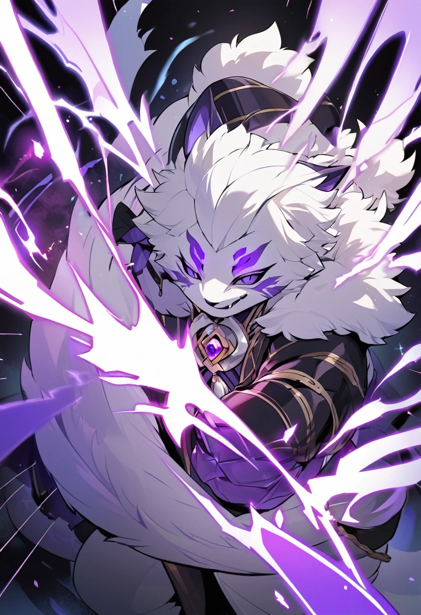 Kato - 400 y.o. familiar. Kato is a familiar - magical animal, that can use magic for his own protection and safety. He represents himself in a vision of a small white cat with fluffy fur and a slight purple colour around it, usually wearing round black sunglasses and smirking to anyone who could see him. His powers shows in ability to cast a special kind of cursed flames, coloured in purple. Yet, he also can use a special kind of power curse, called binding vow. In that case, Kato becomes quite bigger and stronger, taking a form of a saber-toothed tiger, with his mouth exhaling two lines of purple fire on the sides. The image should contain both of his forms, chibi form in the front.
