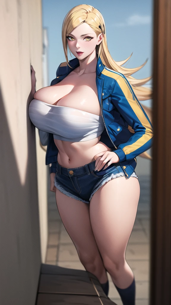 full body, (masterpiece), (best quality), ultra high res, ultra detailed, detailed eyes, intricate, 1girl, blond hair, looking at viewer, huge breasts, cleavage, collarbone, denim, denim shorts, jacket, long sleeves, ((open clothes)), open jacket, partially unzipped, yellow jacket, shirt, short shorts, shorts, tank top, track jacket, unzipped, ((huge breasts, big hips, tight clothes, cleavage, looking at the viewer)), (abs:0.8), blushed, underboob (realistic:1.2), (realism), (masterpiece:1.2), (best quality), (ultra detailed), (8k, 4k, intricate), (85mm), light particles, lighting, (highly detailed:1.2), (detailed face:1.2), (gradients), colorful, (detailed eyes:1.2), (detailed background), detailed landscape, (dynamic angle:1.2), (rule of third_composition:1.3), (Line of action:1.2)