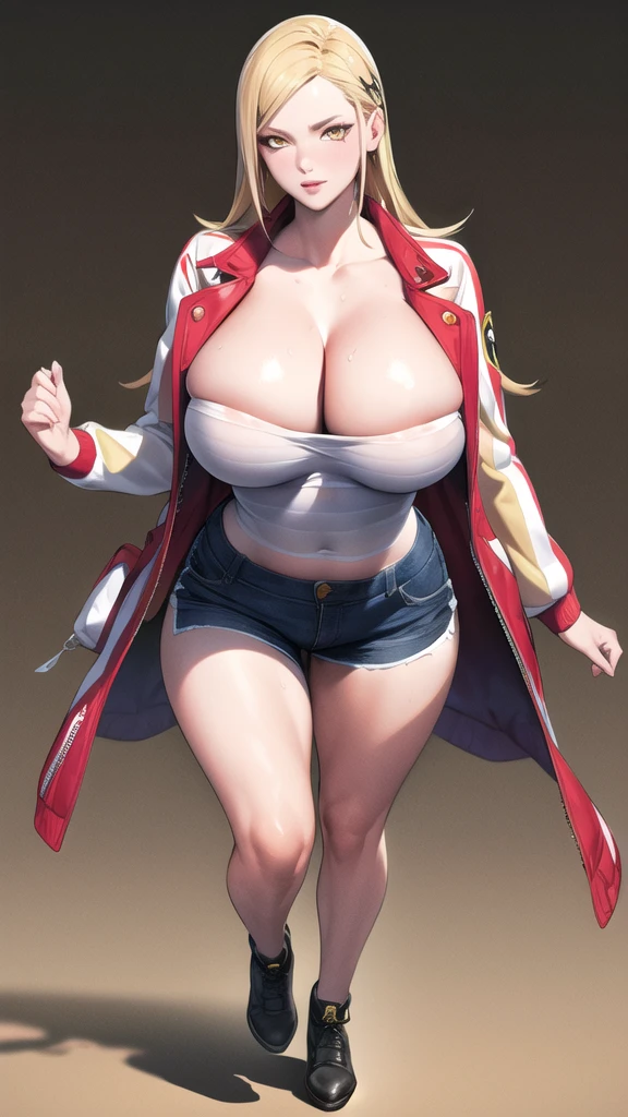 full body, (masterpiece), (best quality), ultra high res, ultra detailed, detailed eyes, intricate, 1girl, blond hair, looking at viewer, huge breasts, cleavage, collarbone, denim, denim shorts, jacket, long sleeves, ((open clothes)), open jacket, partially unzipped, yellow jacket, shirt, short shorts, shorts, tank top, track jacket, unzipped, ((huge breasts, big hips, tight clothes, cleavage, looking at the viewer)), (abs:0.8), blushed, underboob (realistic:1.2), (realism), (masterpiece:1.2), (best quality), (ultra detailed), (8k, 4k, intricate), (85mm), light particles, lighting, (highly detailed:1.2), (detailed face:1.2), (gradients), colorful, (detailed eyes:1.2), (detailed background), detailed landscape, (dynamic angle:1.2), (rule of third_composition:1.3), (Line of action:1.2)