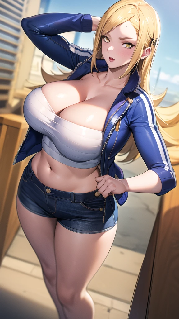 full body, (masterpiece), (best quality), ultra high res, ultra detailed, detailed eyes, intricate, 1girl, blond hair, looking at viewer, huge breasts, cleavage, collarbone, denim, denim shorts, jacket, long sleeves, ((open clothes)), open jacket, partially unzipped, yellow jacket, shirt, short shorts, shorts, tank top, track jacket, unzipped, ((huge breasts, big hips, tight clothes, cleavage, looking at the viewer)), (abs:0.8), blushed, underboob (realistic:1.2), (realism), (masterpiece:1.2), (best quality), (ultra detailed), (8k, 4k, intricate), (85mm), light particles, lighting, (highly detailed:1.2), (detailed face:1.2), (gradients), colorful, (detailed eyes:1.2), (detailed background), detailed landscape, (dynamic angle:1.2), (rule of third_composition:1.3), (Line of action:1.2)