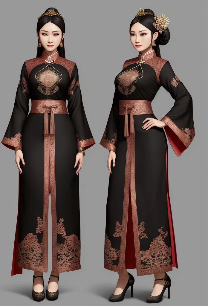 Create a practical yet refined outfit for commoners in a society inspired by ancient Chinese with Malaysia Kebaya clothing influences. The clothing should be made from durable, comfortable materials and feature simple yet elegant designs. Utilize shades of black and incorporate triangular motifs in the patterns and embroidery. The outfit should blend the functionality of chinese workwear with the flowing lines of Malaysia Kebaya attire. Accessories should be minimal but functional, such as sashes, simple jewelry, and headbands. The overall look should reflect the commoners' respect for strength and honor, while being suitable for daily activities. reference sheet, character chart, front angle view, side angle view, back angle view, 8K resolution, high details, high quality, highres, anatomically correct