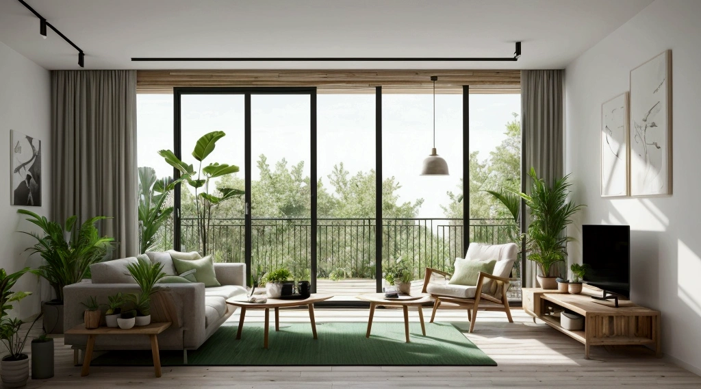 "modern apartment interior, minimalistic furniture, large windows, natural light, indoor plants, fresh atmosphere, natural materials, wood, stone, neutral color palette, green accents, tranquil, inviting, harmony with nature"