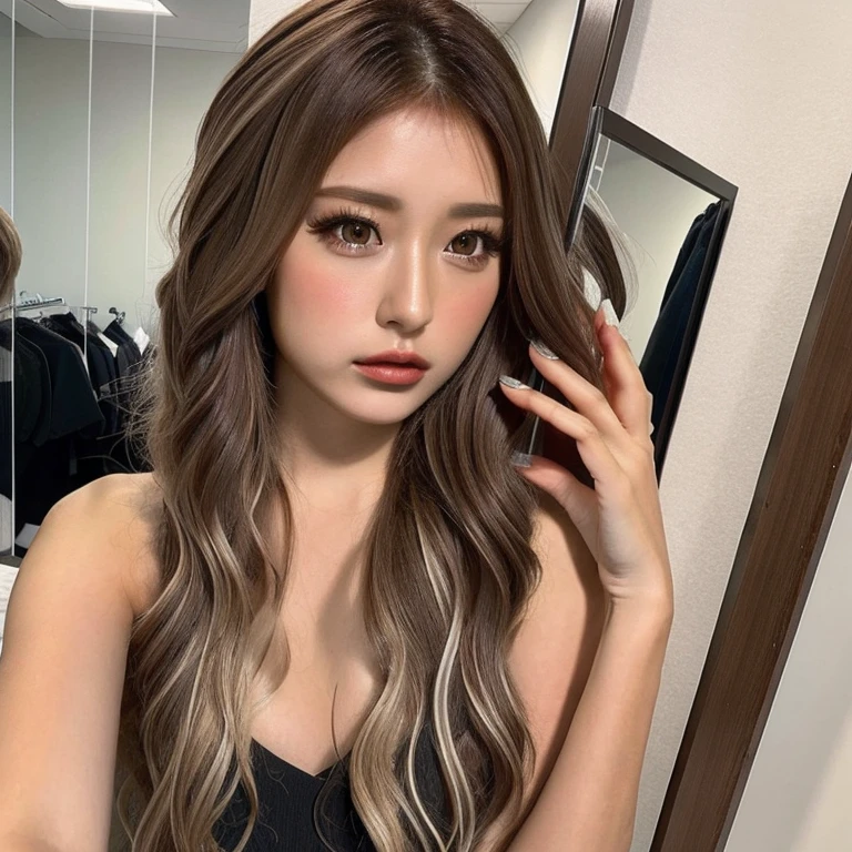 8k,Highest quality, masterpiece, Ultra-high resolution, (Realistic:1.4), RAW Photos, (Realistic skin texture:1.3), (Film Grain:1.3), One Girl, Wonderful Hairstyle, Selfie in the mirror, Brown Hair, Beautiful and detailed eyes and face,masterpiece, Highest quality, Blonde