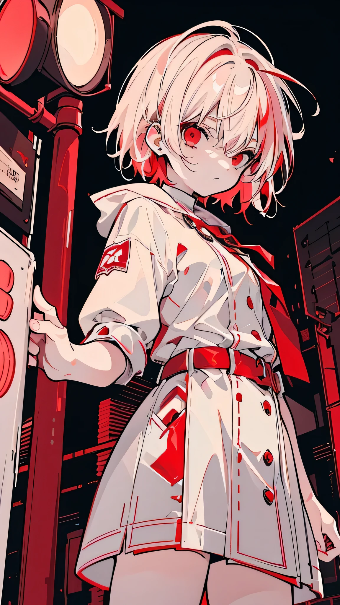 a picture of a women 25 years old short white hair with strip red har standing in front of a red light, Candid Photography, white with strip red-haired deity, dynamic poses, white with strip redhaired girl, Crushing Despair, Flowing white with strip red, short Hair Anime Girl, perfect white with strip redhaired girl, , red eyes