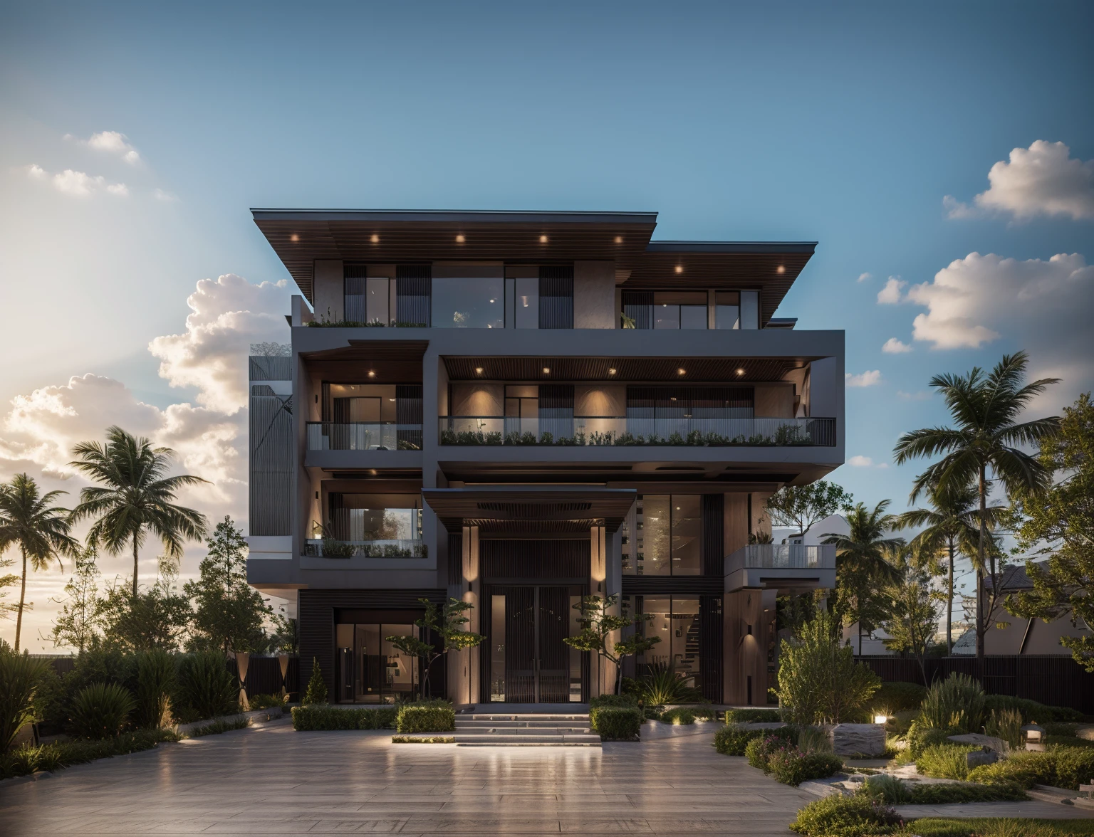 RAW photo, subject, 8k uhd, dslr, soft lighting, high quality, film grain, Fujifilm XT3, Realistic, Masterpiece, A modern architecture, simply facade, walkway, tree, road, stone, glassese window, daylight, clear sky