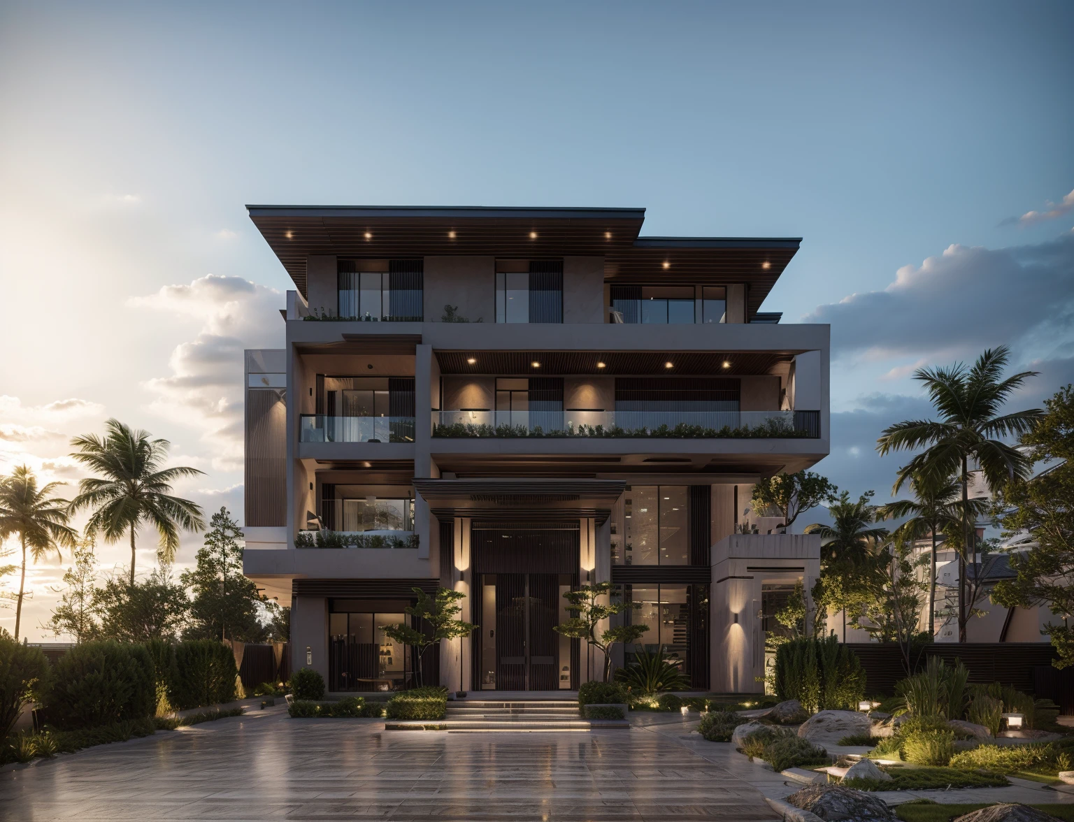 RAW photo, subject, 8k uhd, dslr, soft lighting, high quality, film grain, Fujifilm XT3, Realistic, Masterpiece, A modern architecture, simply facade, walkway, tree, road, stone, glassese window, daylight, clear sky