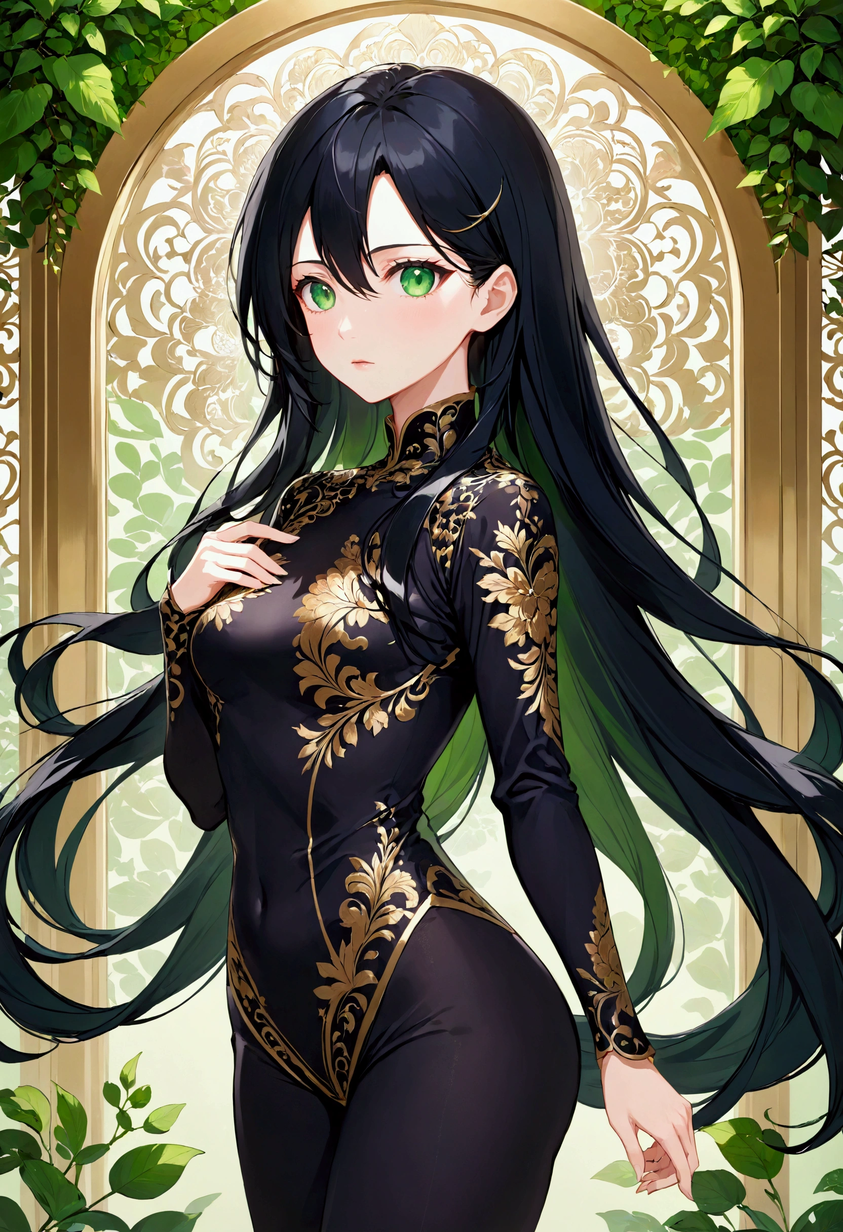 Anime women, Long black hair, green eyes,aesthetic body,mature