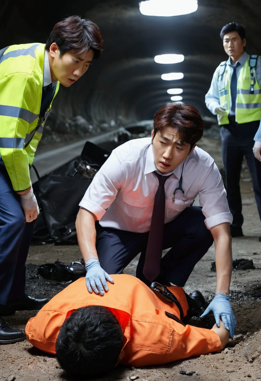 Movie action, movie scene style, Car accidents outbreaks in the under ground highway, an engineer, a young korea man , going to office work, seriously crash and get wounds in hand and body parts, emergency aid workers are prepared to take to hospital, 8k resolution , hyper realistic photo. 