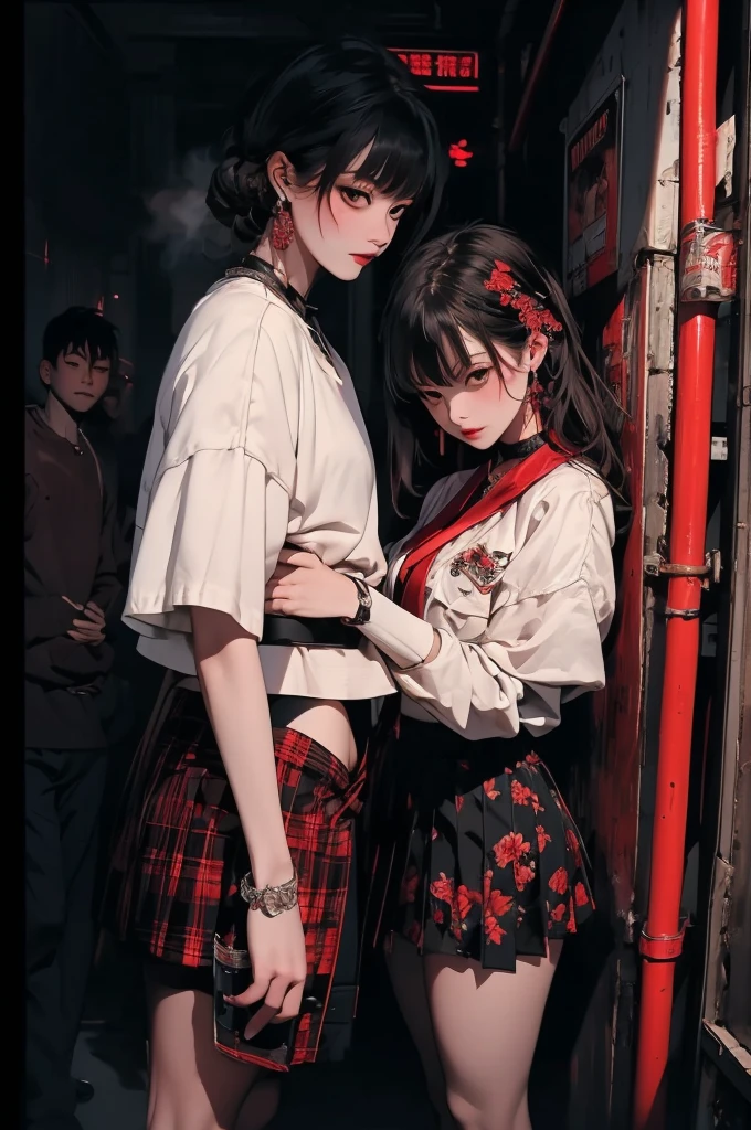 (masterpiece), (best quality), (Extremely detailed), nightclub, sexclub, club, carnival, red light, darkroom, smokes, FOG, grope, different, Harassment, , Alcohol, 大leg, leg, skirt，1girl(1.5)