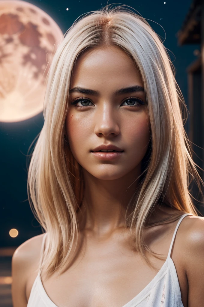 1girl, beautiful face, ((white eyes)), sexy pose, Red moon in the background, stars, space, (lightroom:1.13), soft light, (natural skin texture:1.2), (hyperrealism:1.2), sharp focus, focused,[[realistic]]