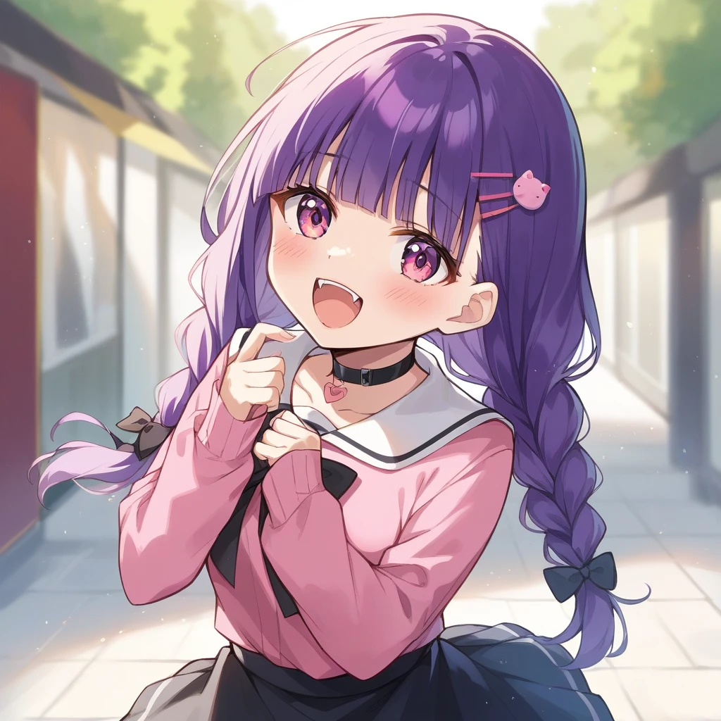 score_9, score_8_up, score_7_up, score_6_up, score_5_up, score_4_up, source_anime, clip skip:2
,Top quality, masterpiece, chibi character, peal purple and blunt bangs hair, twin braids, mouth wide open and screaming, blushing, smilng,fangs,(a girl with closs hair pin,
pink shirt,cosplay, jirai kei, bangs, black skirt, black bow, looking at viewer, bow, long sleeves, choker, ribbon,portrait shot :1.4),From the side, she is wearing square headphones over her ears, and the Marshall logo,Walking slowly through Shibuya at sunset, looking down, fullbody shot,