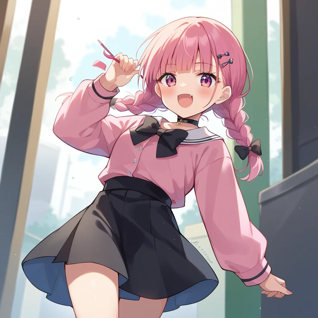 score_9, score_8_up, score_7_up, score_6_up, score_5_up, score_4_up, source_anime, clip skip:2
,Top quality, masterpiece, chibi character, peal purple and blunt bangs hair, twin braids, mouth wide open and screaming, blushing, smilng,fangs,(a girl with closs hair pin,
pink shirt,cosplay, jirai kei, bangs, black skirt, black bow, looking at viewer, bow, long sleeves, choker, ribbon,portrait shot :1.4),From the side, she is wearing square headphones over her ears, and the Marshall logo,Walking slowly through Shibuya at sunset, looking down, fullbody shot,