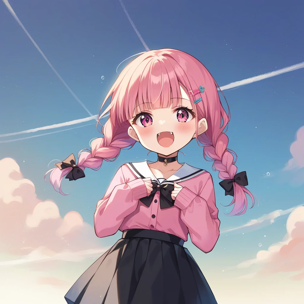 score_9, score_8_up, score_7_up, score_6_up, score_5_up, score_4_up, source_anime, clip skip:2
,Top quality, masterpiece, chibi character, peal purple and blunt bangs hair, twin braids, mouth wide open and screaming, blushing, smilng,fangs,(a girl with closs hair pin,
pink shirt,cosplay, jirai kei, bangs, black skirt, black bow, looking at viewer, bow, long sleeves, choker, ribbon,portrait shot :1.4),From the side, she is wearing square headphones over her ears, and the Marshall logo,Walking slowly through Shibuya at sunset, looking down, fullbody shot,