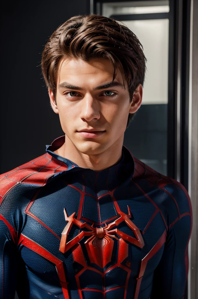 A photograph of spider man, no mask, 20 yo, handsome, detailed face, looking at camera, portrait, 8k uhd, high quality