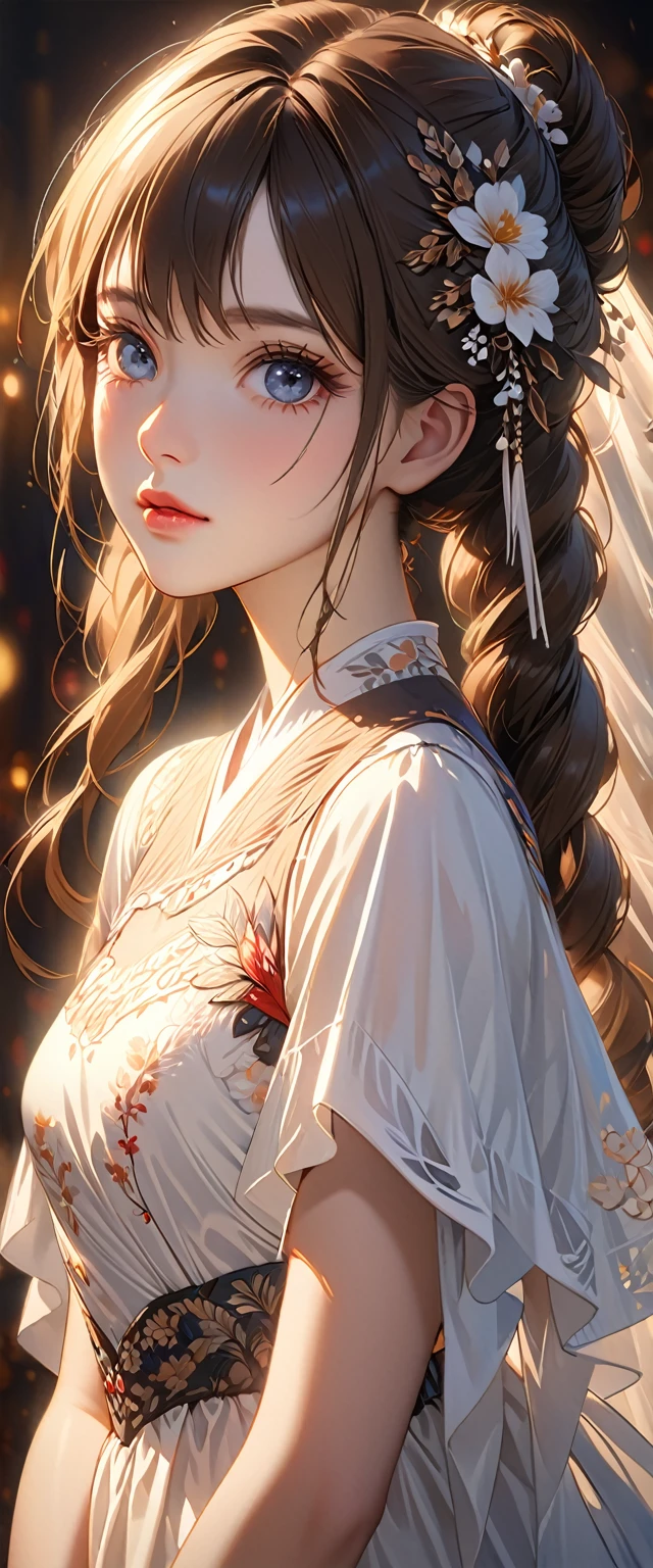 1 girl, elegant,, Exquisitely detailed face, Beautiful and detailed eyes, Beautiful and detailed lips, Very detailed目と顔, Long eyelashes, Delicate skin, Calm expression, Soft lighting, Warm tones, Intricate details, Realistic, 8k, Highest quality, masterpiece, High resolution, Very detailed, Cinema Lighting, Dramatic atmosphere、Lonely look、White dress、