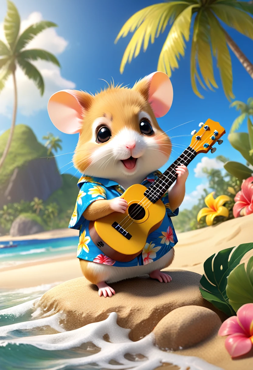 Esbian all over body、Cool hamster、Pop hamster、Diorama、Simple Background、Aloha Shirt、Playing a small ukulele、tropical、Beach Background、Cape、Best Quality, Capture the cutest moments, Depth of written boundary, Super detailed, Ultra-high resolution, Octadale, 8k, 16km race