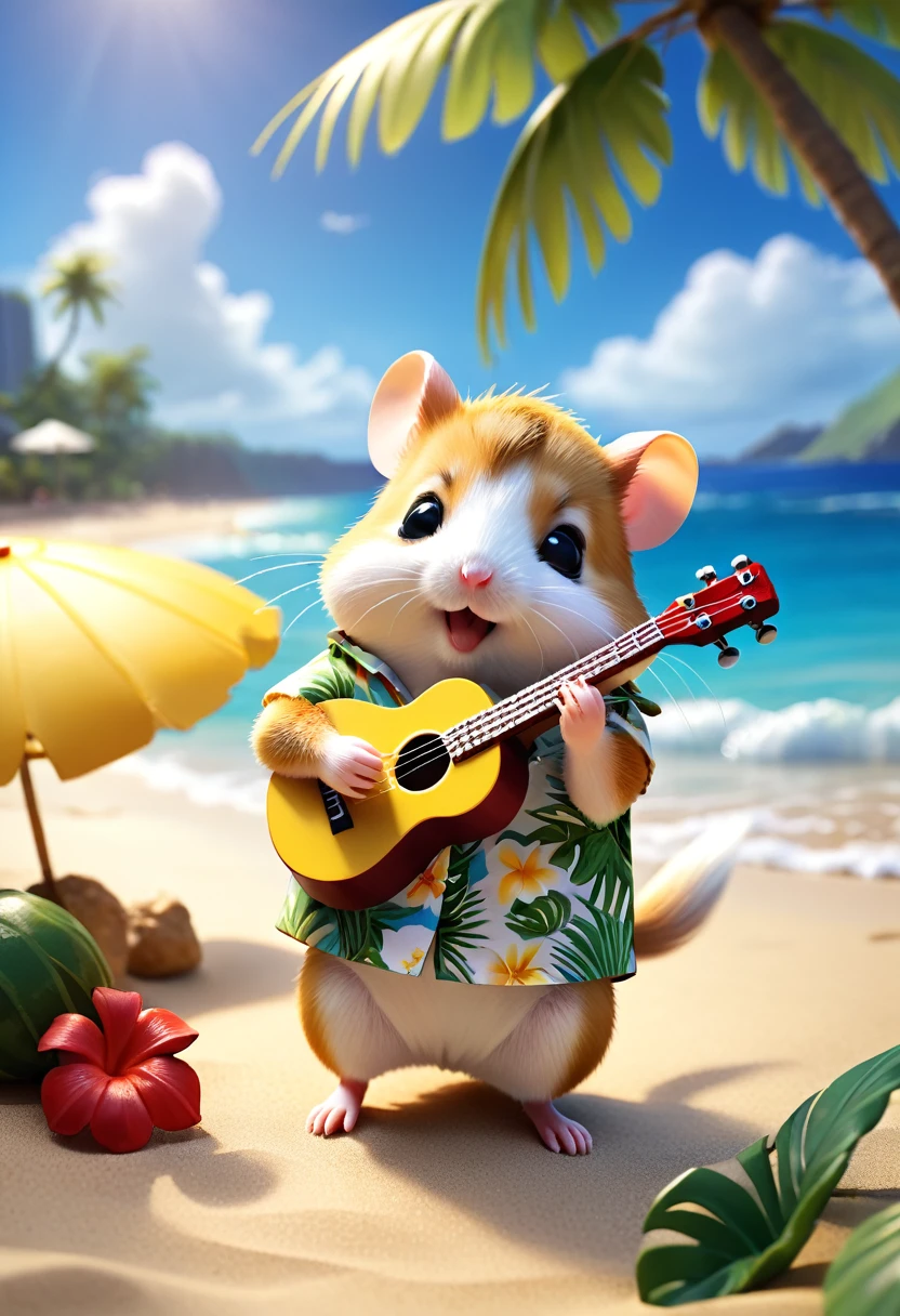 Esbian all over body、Cool hamster、Pop hamster、Diorama、Simple Background、Aloha Shirt、Playing a small ukulele、tropical、Beach Background、Cape、Best Quality, Capture the cutest moments, Depth of written boundary, Super detailed, Ultra-high resolution, Octadale, 8k, 16km race