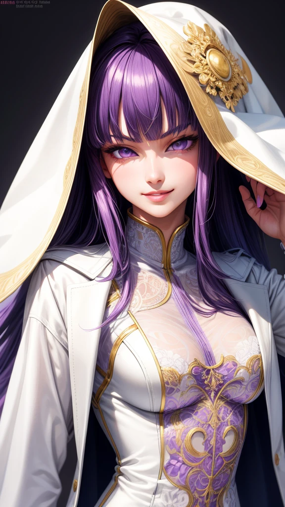 (masterpiece, best quality), intricate details, thin, ((slim)), beautiful girl, purple hair, blunt bangs, light purple eyes, sharp jawline, white coat, long hair, lips, upper body, close up, smirk