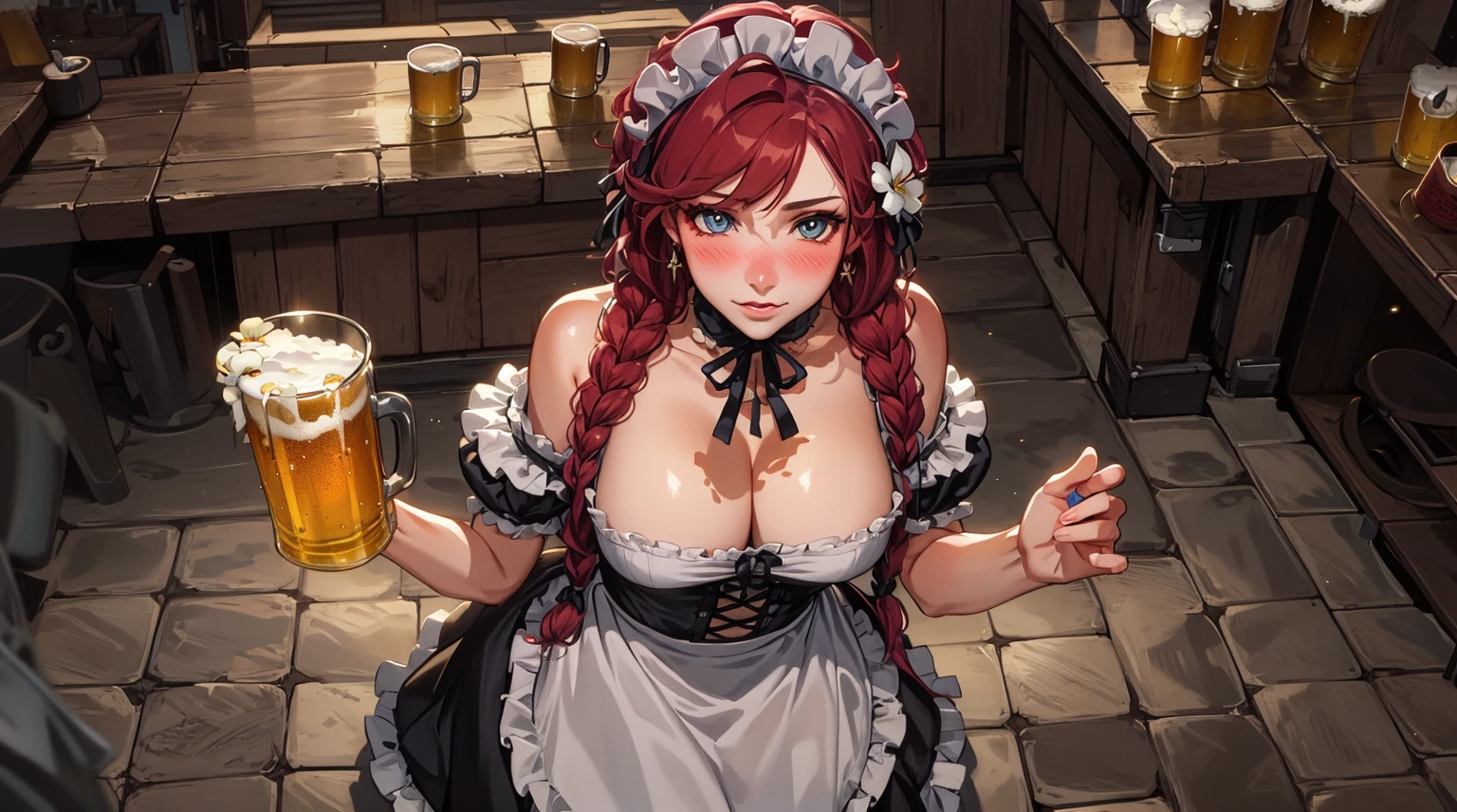 (masterpiece, high resolution, best quality:1.3), 8K, Very detailed, complex, rich and colorful, vibrant images, Clear focus, Digital Mixing, 4K, Popular on Pixiv, 1girl, (独奏:1.1), from above, tavern wench, standing, bare shoulders, red hair, braids, large breasts, flower hair, barmaid dress, cute, beautiful eyes, blush, fishnets, sexy pose, looking at viewer, indoor, beer mugs, beer foam, expressiveh 3mpr3ss3
