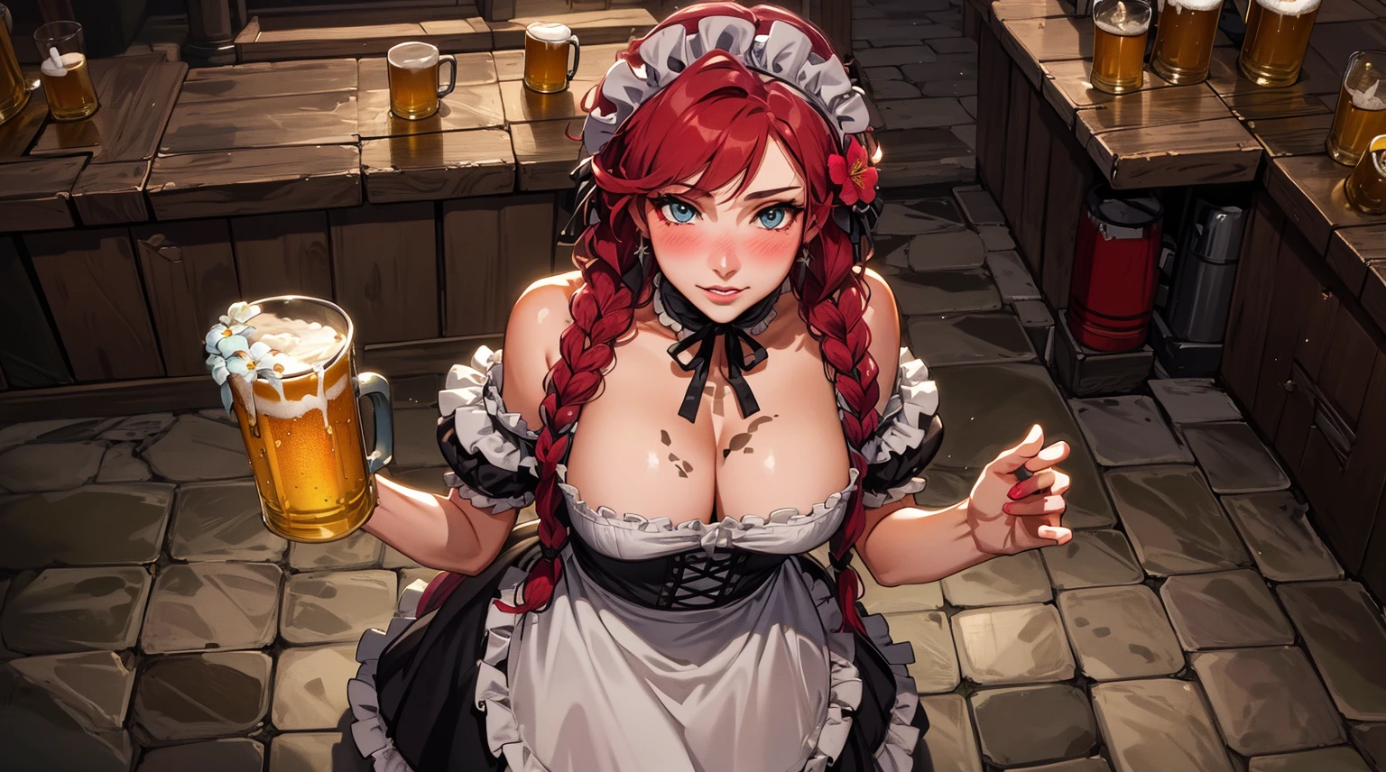 (masterpiece, high resolution, best quality:1.3), 8K, Very detailed, complex, rich and colorful, vibrant images, Clear focus, Digital Mixing, 4K, Popular on Pixiv, 1girl, (独奏:1.1), from above, tavern wench, standing, bare shoulders, red hair, braids, large breasts, flower hair, barmaid dress, cute, beautiful eyes, blush, fishnets, sexy pose, looking at viewer, indoor, beer mugs, beer foam, expressiveh 3mpr3ss3