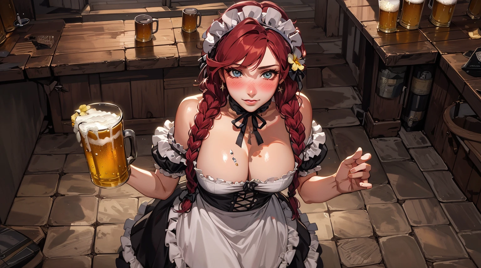 (masterpiece, high resolution, best quality:1.3), 8K, Very detailed, complex, rich and colorful, vibrant images, Clear focus, Digital Mixing, 4K, Popular on Pixiv, 1girl, (独奏:1.1), from above, tavern wench, standing, bare shoulders, red hair, braids, large breasts, flower hair, barmaid dress, cute, beautiful eyes, blush, fishnets, sexy pose, looking at viewer, indoor, beer mugs, beer foam, expressiveh 3mpr3ss3