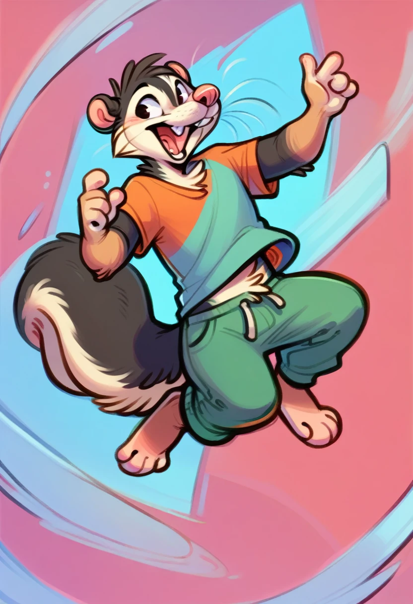 murine, murid, anthro, rodent, Skunk, solo, clothing, mammal, male, topwear, clothed, detailed background, hi res, feet, shirt, open mouth, 3 toes, jumping, midair, action pose, fur, whiskers, smile, toes, buckteeth, 4 fingers, fingers, gesture, teeth, biped, barefoot, big bushy tail,