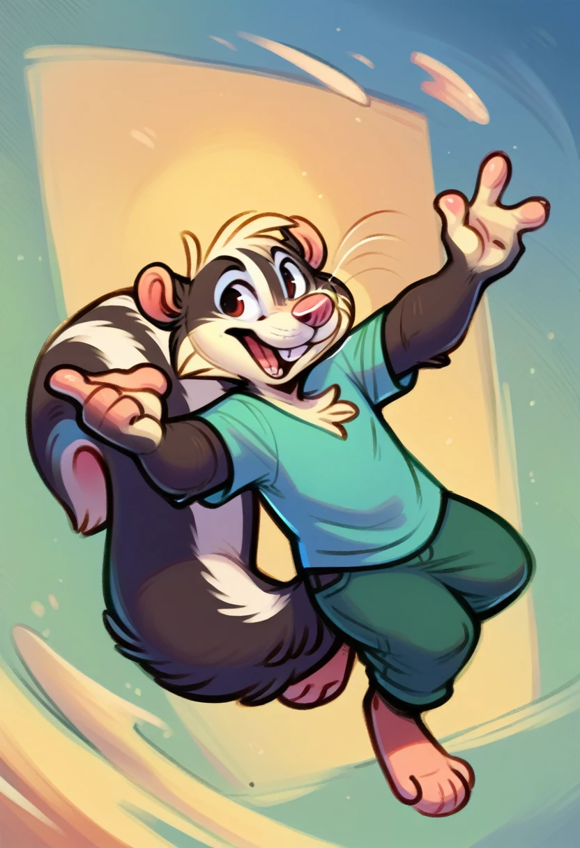 murine, murid, anthro, rodent, Skunk, solo, clothing, mammal, male, topwear, clothed, detailed background, hi res, feet, shirt, open mouth, 3 toes, jumping, midair, action pose, fur, whiskers, smile, toes, buckteeth, 4 fingers, fingers, gesture, teeth, biped, barefoot, big bushy tail,