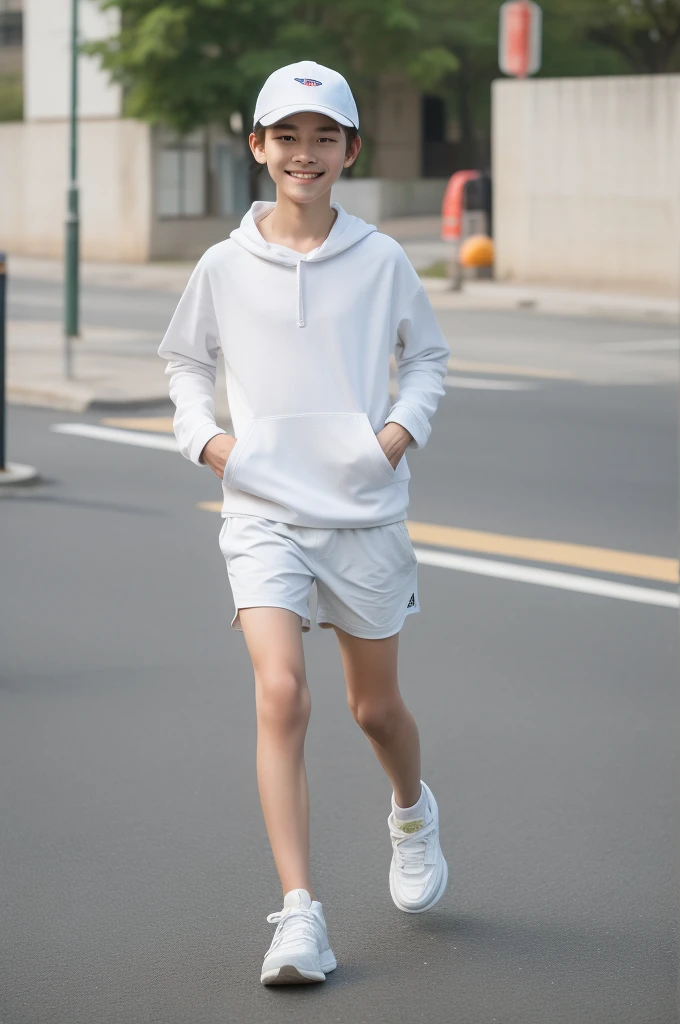 12-year-old boy,Smile,Spread your white and slender legs,jogging,full body,8K facial features are exquisite,Handsome boyish feeling,8k,masterpiece,((best quality)),photography,
