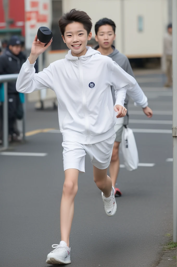 12-year-old boy,Smile,Spread your white and slender legs,jogging,full body,8K facial features are exquisite,Handsome boyish feeling,8k,masterpiece,((best quality)),photography,