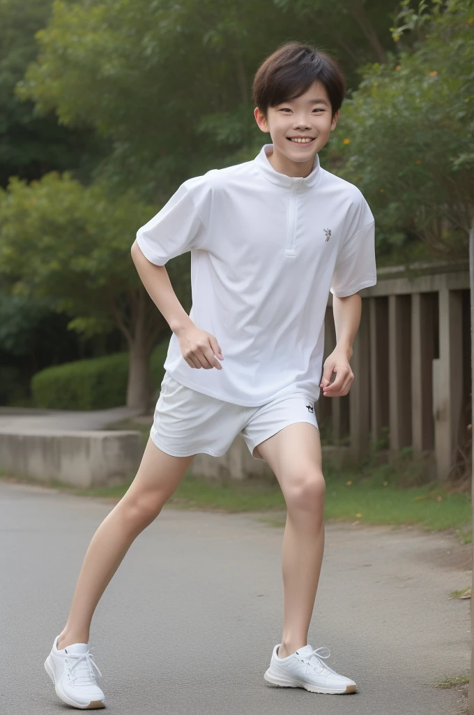12-year-old boy,Smile,Spread your white and slender legs,jogging,full body,8K facial features are exquisite,Handsome boyish feeling,8k,masterpiece,((best quality)),photography,