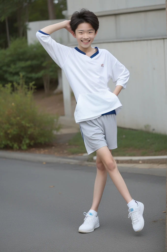 12-year-old boy,Smile,Spread your white and slender legs,jogging,full body,8K facial features are exquisite,Handsome boyish feeling,8k,masterpiece,((best quality)),photography,