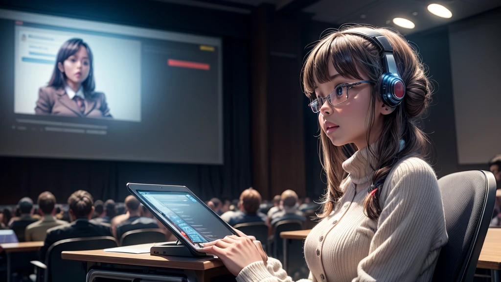 Artificial intelligence speaks on the podium like a teacher，Students listening attentively and taking notes，Big Vision