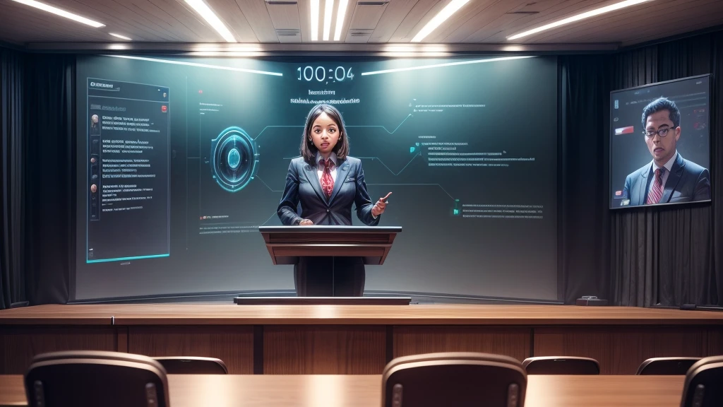 Artificial intelligence speaks on the podium like a teacher,Students listening attentively and taking notes,Big Vision