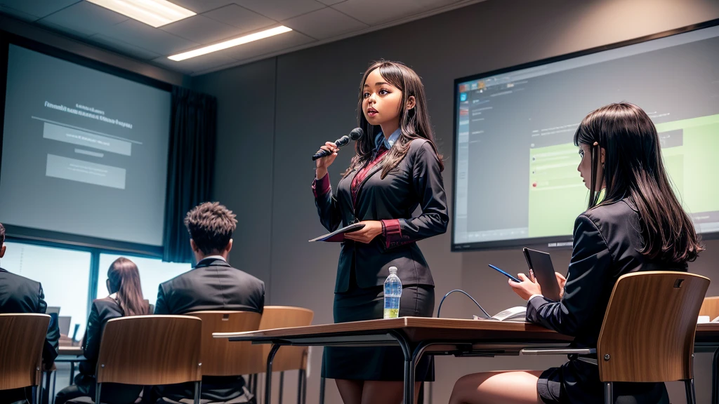 Artificial intelligence speaks on the podium like a teacher,Students listening attentively and taking notes,Big Vision
