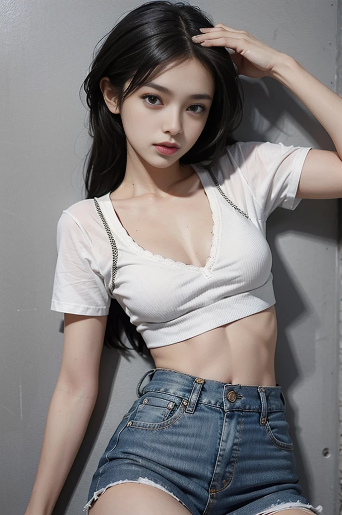 Girl in white bra and tight denim skirt posing for photo, full body, with cropped T-shirt, bra, slim body, smaller bust, slim girl model, 24-year-old female model, lying on the construction site, a group of black men onlooking